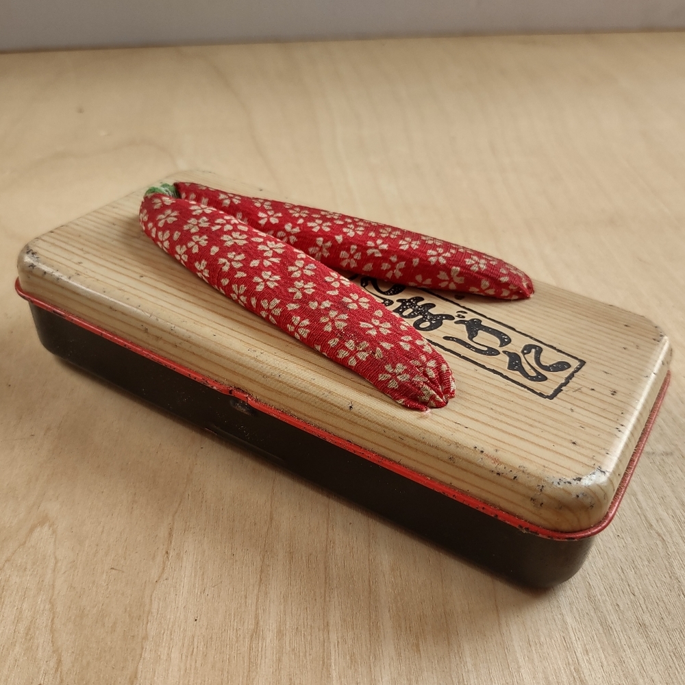 Vintage Japanese Tin Box Container Antique Print Red Floral Cloth Shoes Geta